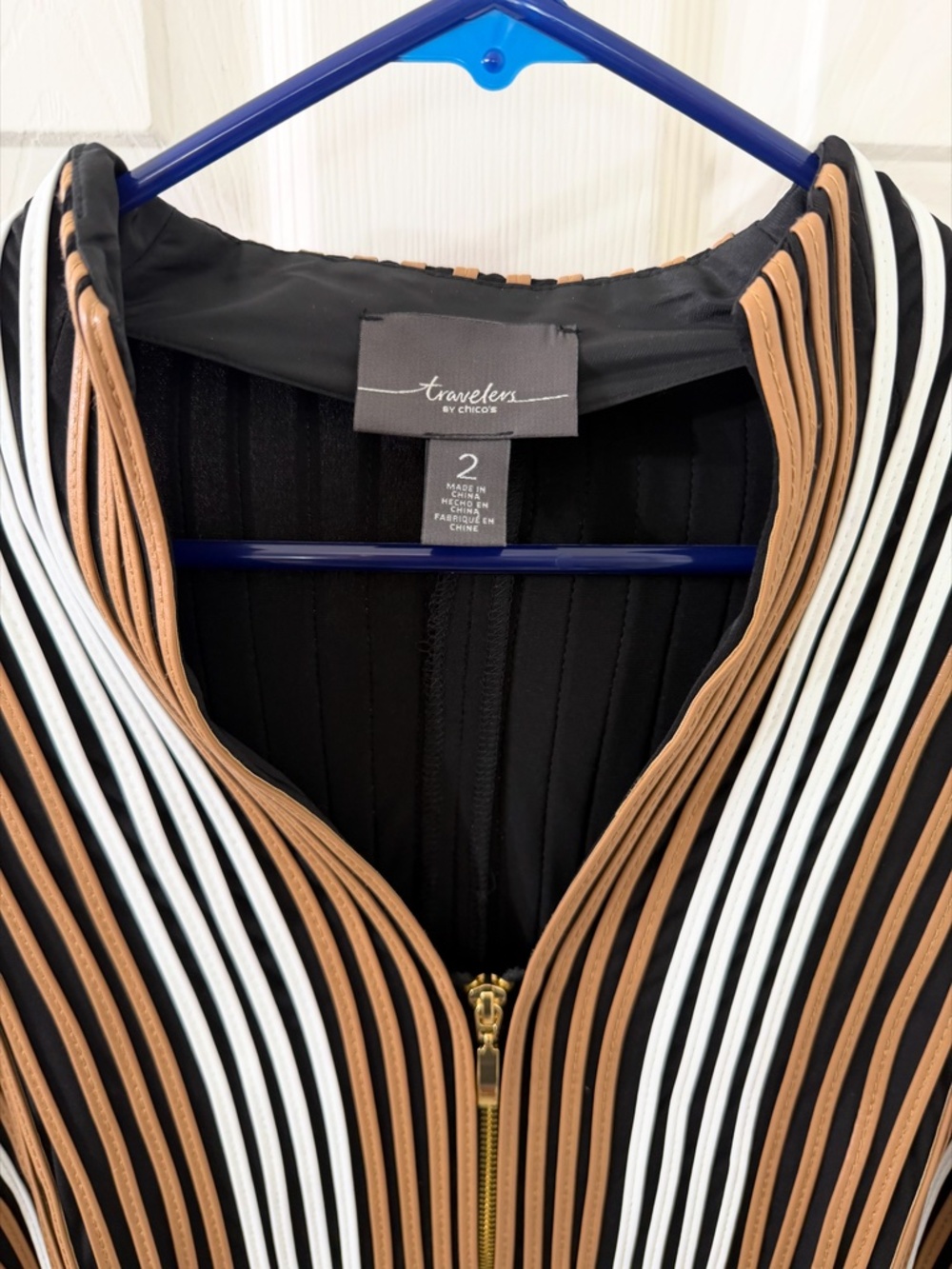 Travelers by Chicos Faux Leather Striped Jacket and Gold Front Zipper. Size 2 - Picture 2 of 5